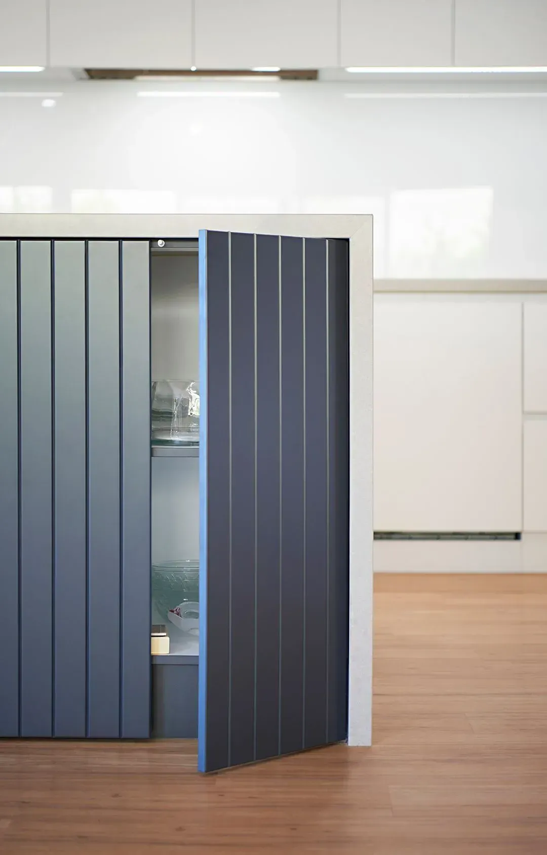 Buffet-Style Storage on the Waterfall End of the Kitchen Exterior — Shepparton Vic — Kitchenwise Buffet-Style Storage on the Waterfall End of the Kitchen Exterior — Shepparton Vic — Kitchenwise