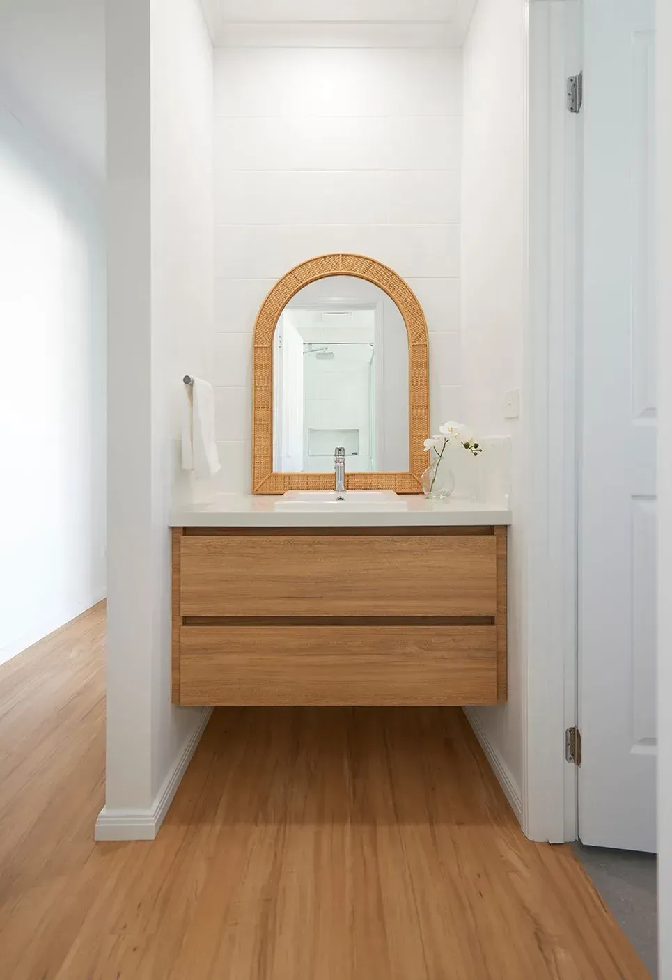 Wall-Hung Vanity in the Powder Room Harmonises with the Flooring — Shepparton Vic — Kitchenwise Wall-Hung Vanity in the Powder Room Harmonises with the Flooring — Shepparton Vic — Kitchenwise