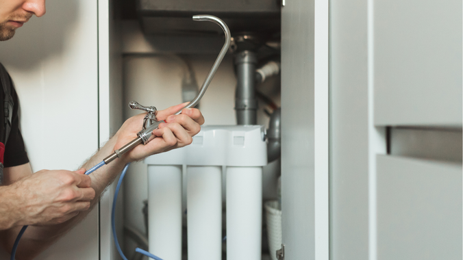 A man is working on a water filter under a sink.