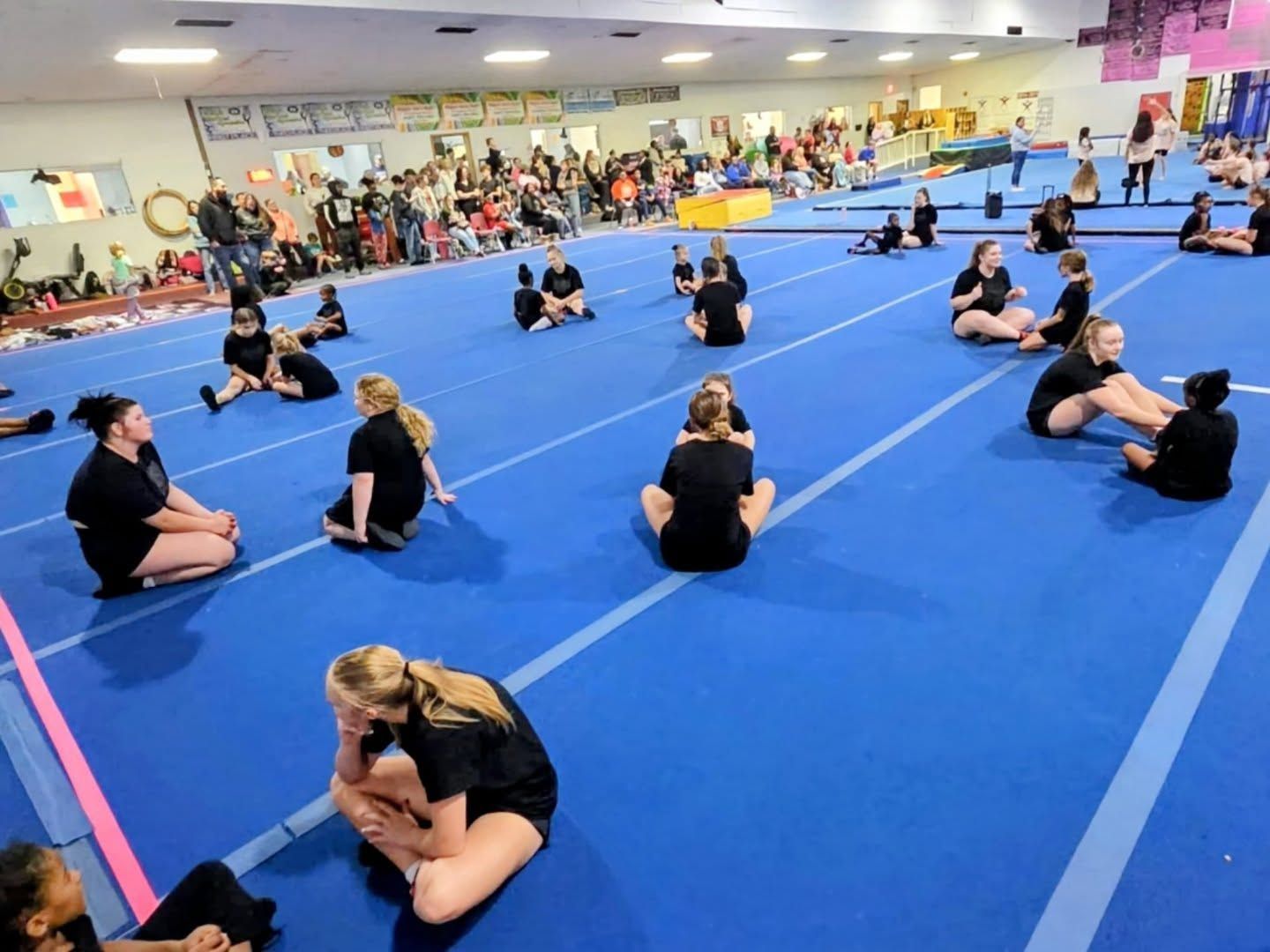 Dance class stretching on blue mats in a gymnasium, with seated performers spaced across the floor.