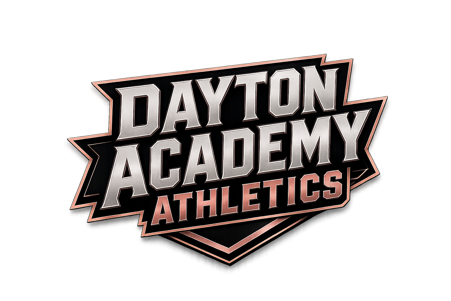 Dayton Academy Athletics logo in white, black, and orange on a shield background