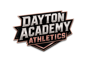 Dayton Academy Athletics logo in white, black, and orange on a shield background