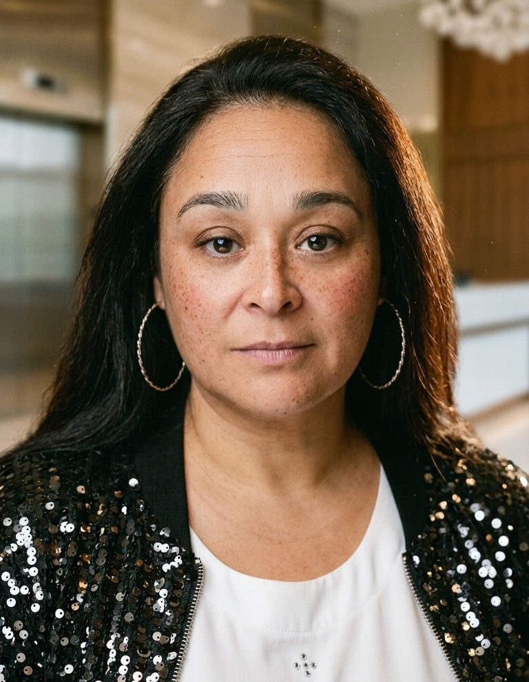 Portrait of a woman indoors, wearing hoop earrings and a black sequined jacket, with a neutral expression