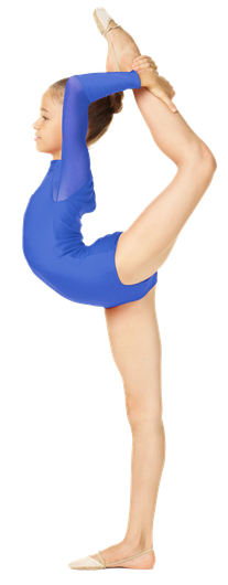 Person in a blue outfit holding a standing yoga pose with one leg raised overhead