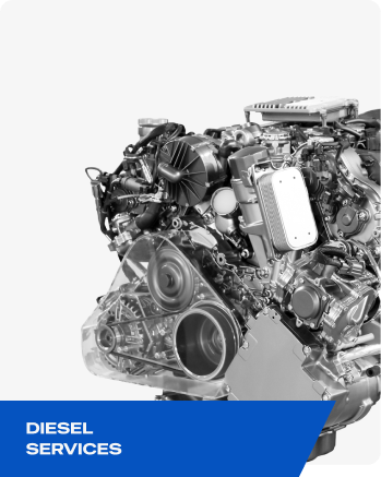 Diesel engine machinery with blue “Diesel Services” banner on a white background | Elite Automotive & Diesel Repair