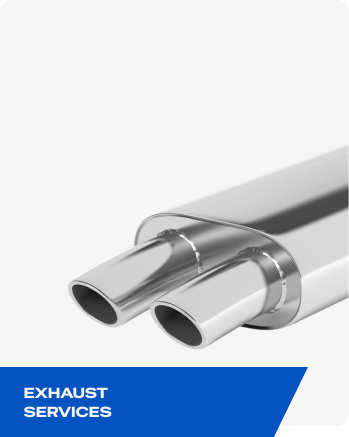 Chrome dual exhaust pipes with blue "EXHAUST SERVICES" label | Elite Automotive & Diesel Repair