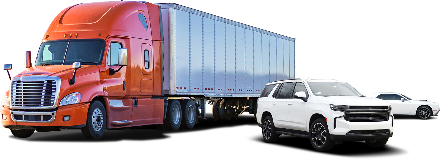 Orange semi-truck and white pickup truck side by side on a white background | Elite Automotive & Diesel Repair