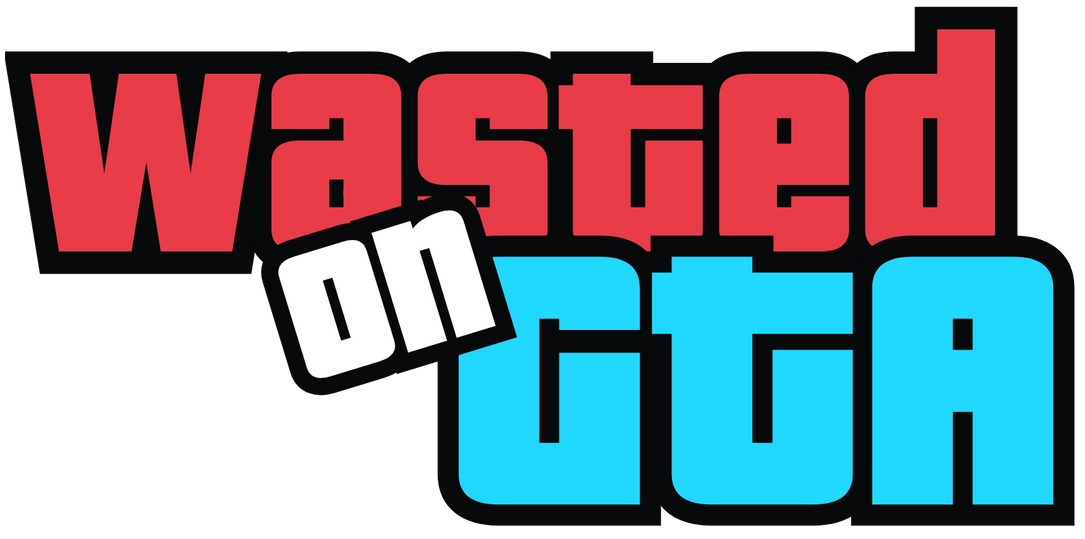 Stylized “Wasted on GTA” text in red, white, and blue block letters on a black background