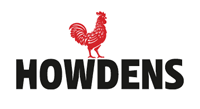 a red rooster is standing on top of the word howdens .