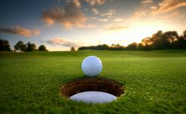 A golf ball is sitting on top of a hole on a golf course.