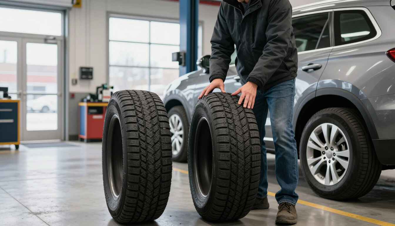 Driver comparing tires in a Canadian tire shop