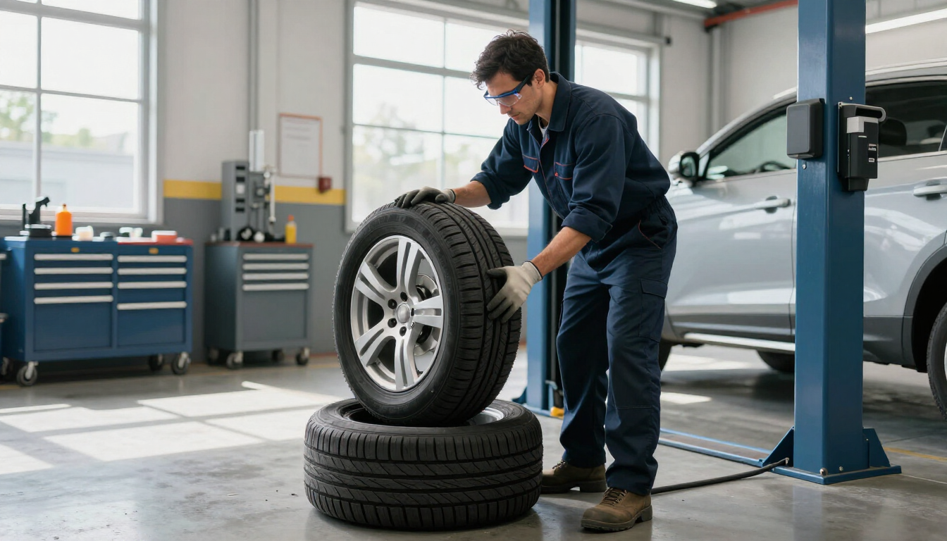 Technician installing and balancing a tire