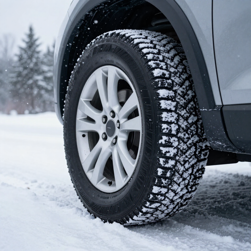 Close-up of an alloy wheel and winter tire in snowy conditions