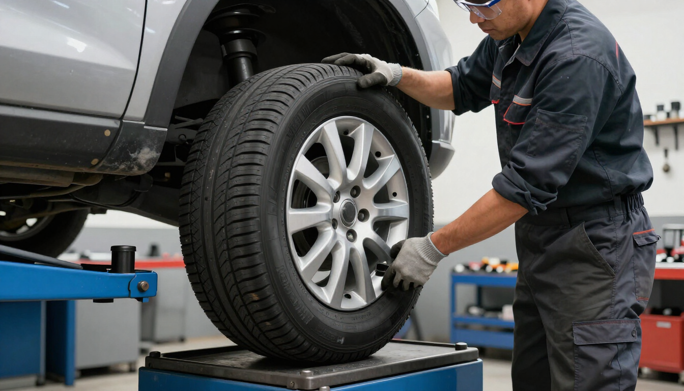 Technician balancing a winter wheel