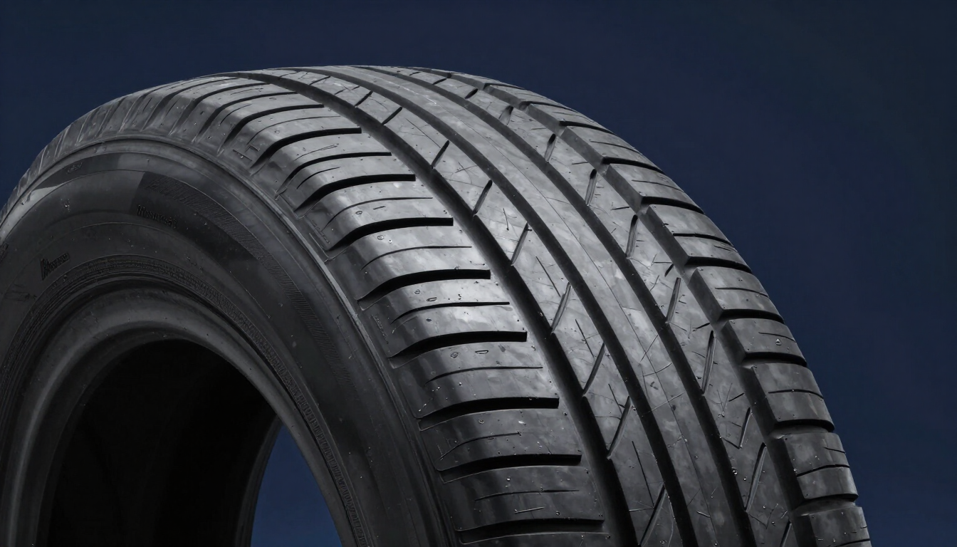 Close-up of tire size markings and tread pattern