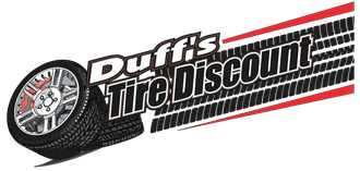 A logo for duff 's tire discount with a tire on it