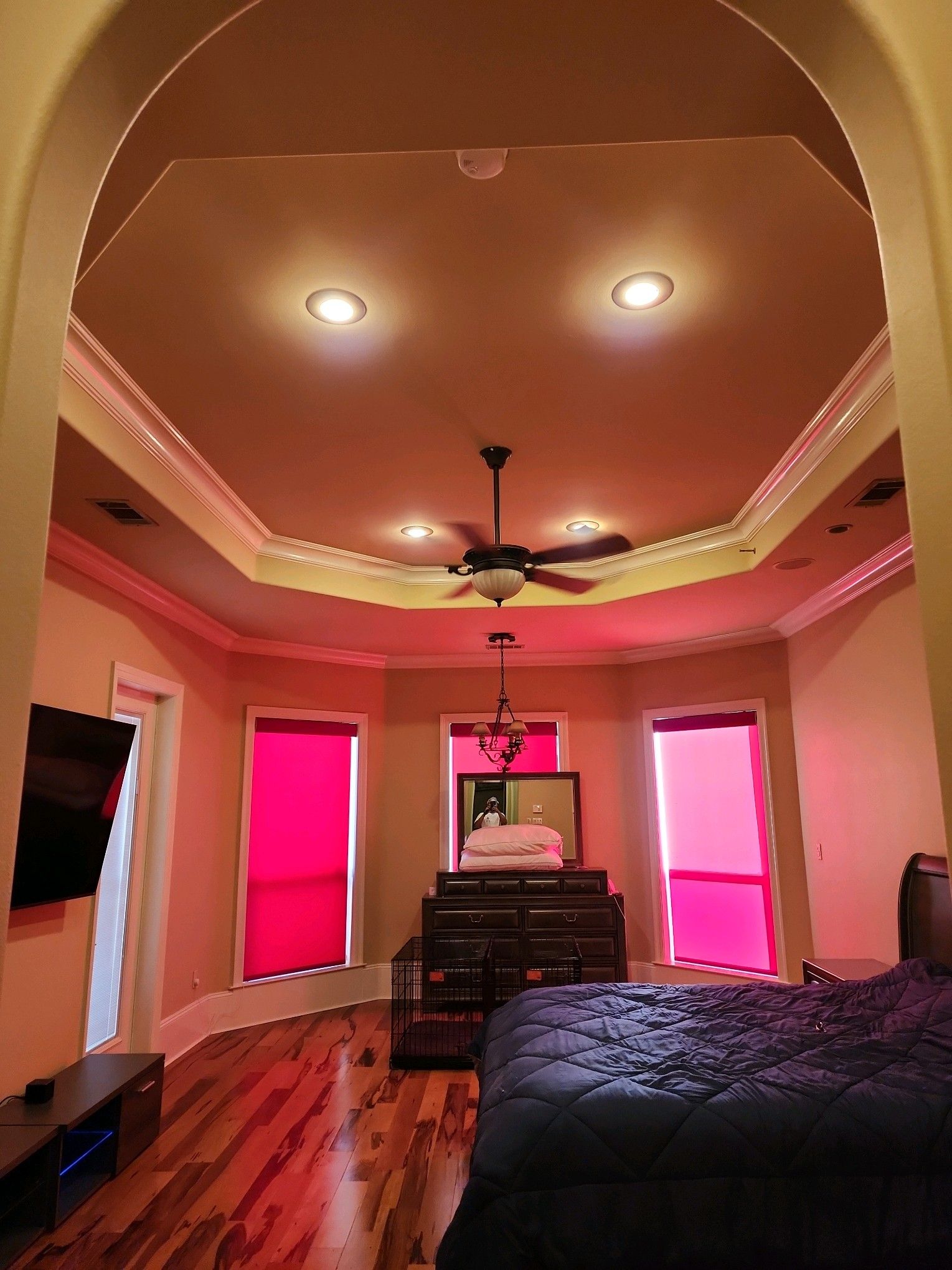 A bedroom with a ceiling fan and pink blinds