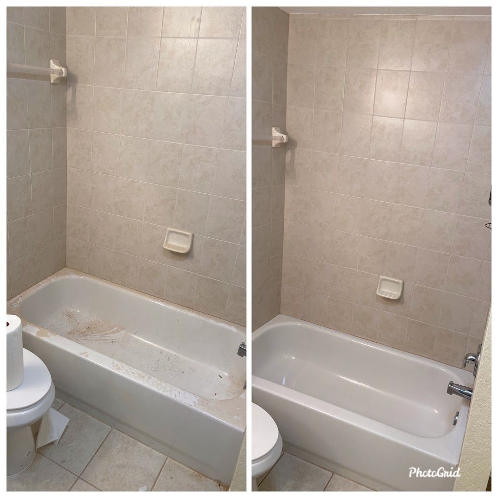 A before and after photo of a bathtub in a bathroom.