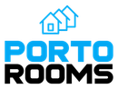 A blue and black logo for porto rooms