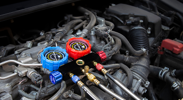 Car engine with AC gauge manifold attached, showing pressure readings. | Allen's Automotive Service