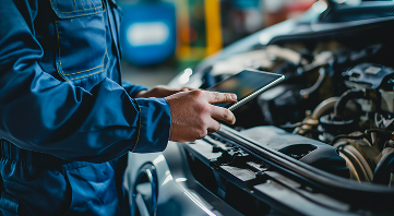 Mechanic in blue jumpsuit using tablet to diagnose car engine in auto shop. | Allen's Automotive Service