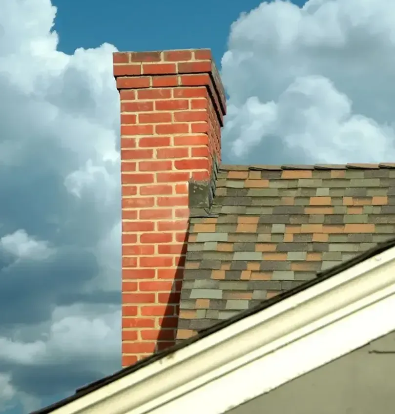 A brick chimney on top of a roof with clouds in the background