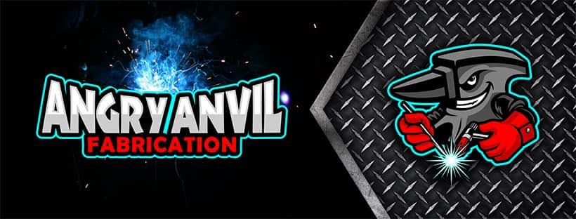 The logo for angry anvil fabrication is a cartoon of an angry bird holding a welding torch.