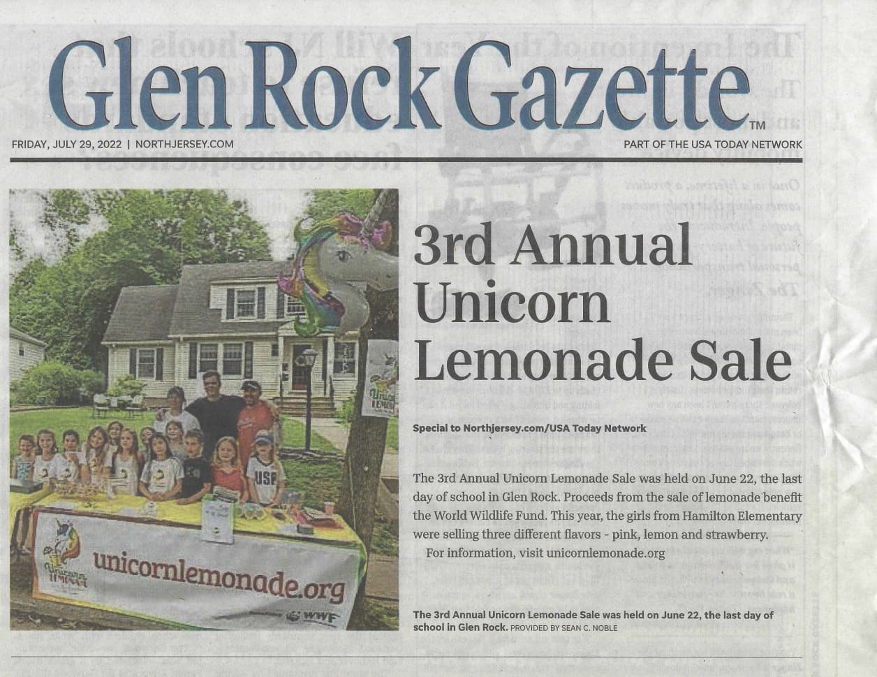 A glen rock gazette article about the 3rd annual unicorn lemonade sale