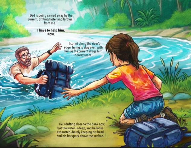 Person helps another lift a backpack from a riverbank near rushing water and greenery.