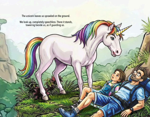 Rainbow-maned unicorn beside two people resting in a grassy forest clearing