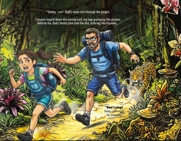 Two hikers run through a jungle trail while a jaguar stalks them from the side.