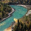 An aerial view of a river flowing through a forest.