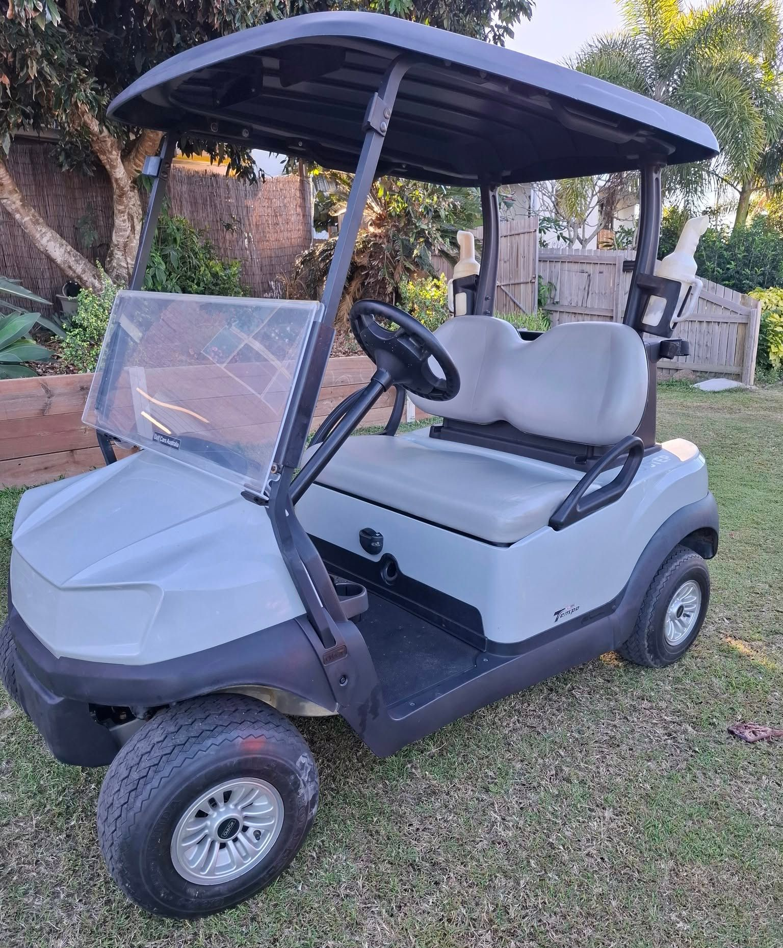 White Golf Cart With Brown Seats — Buggies & Batteries in Hidden Valley, QLD