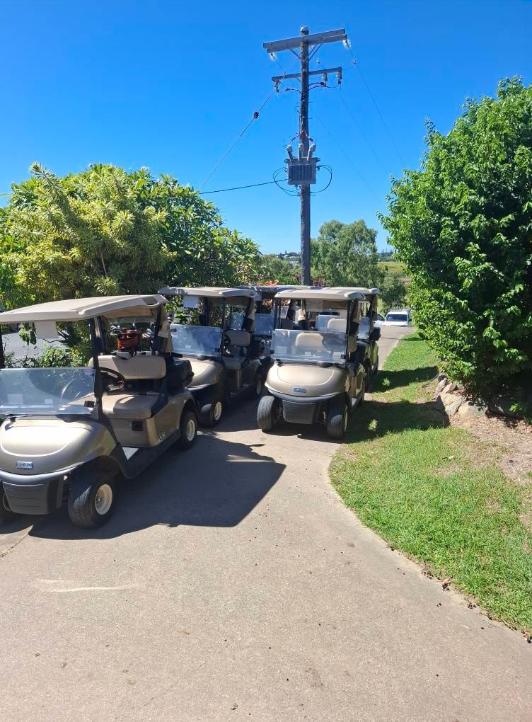 Golf Carts Parked on a Paved Path Next to Green Bushes and Trees — Buggies & Batteries in Moranbah, QLD