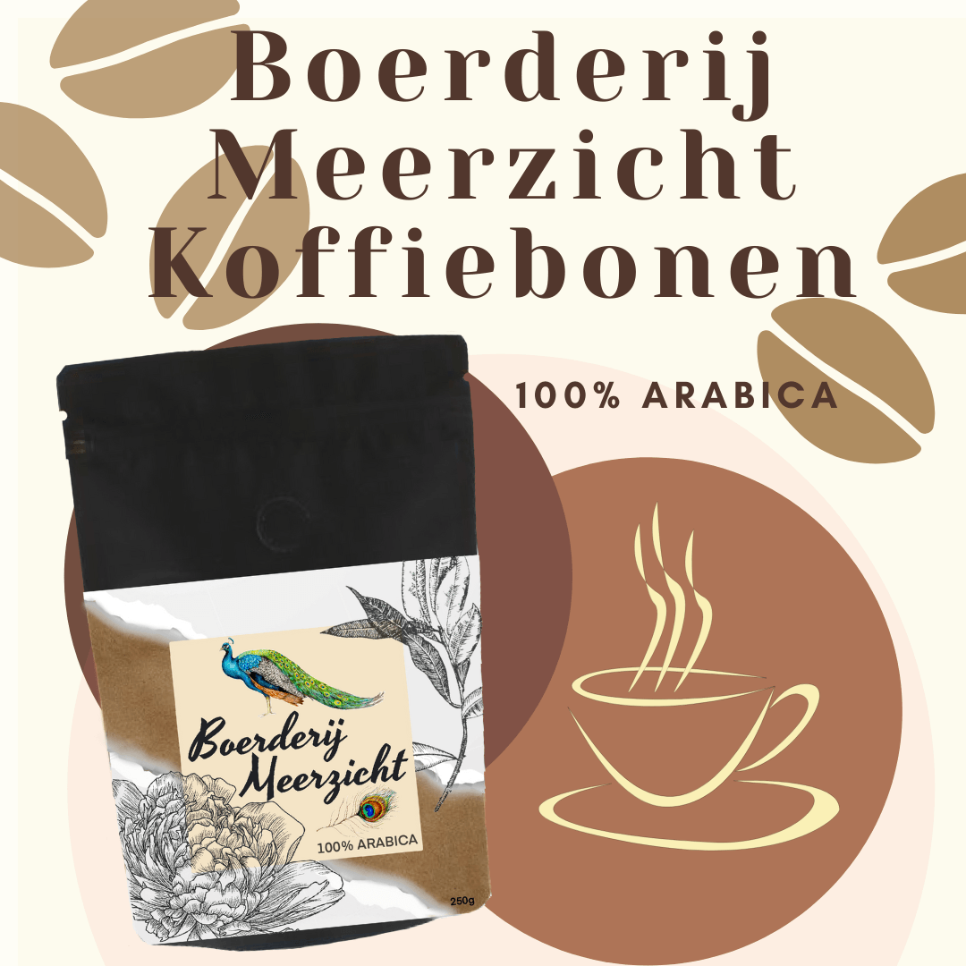 Coffee beans bag with peacock label, “Boerderij Meerzicht Koffiebonen” text, 100% Arabica.