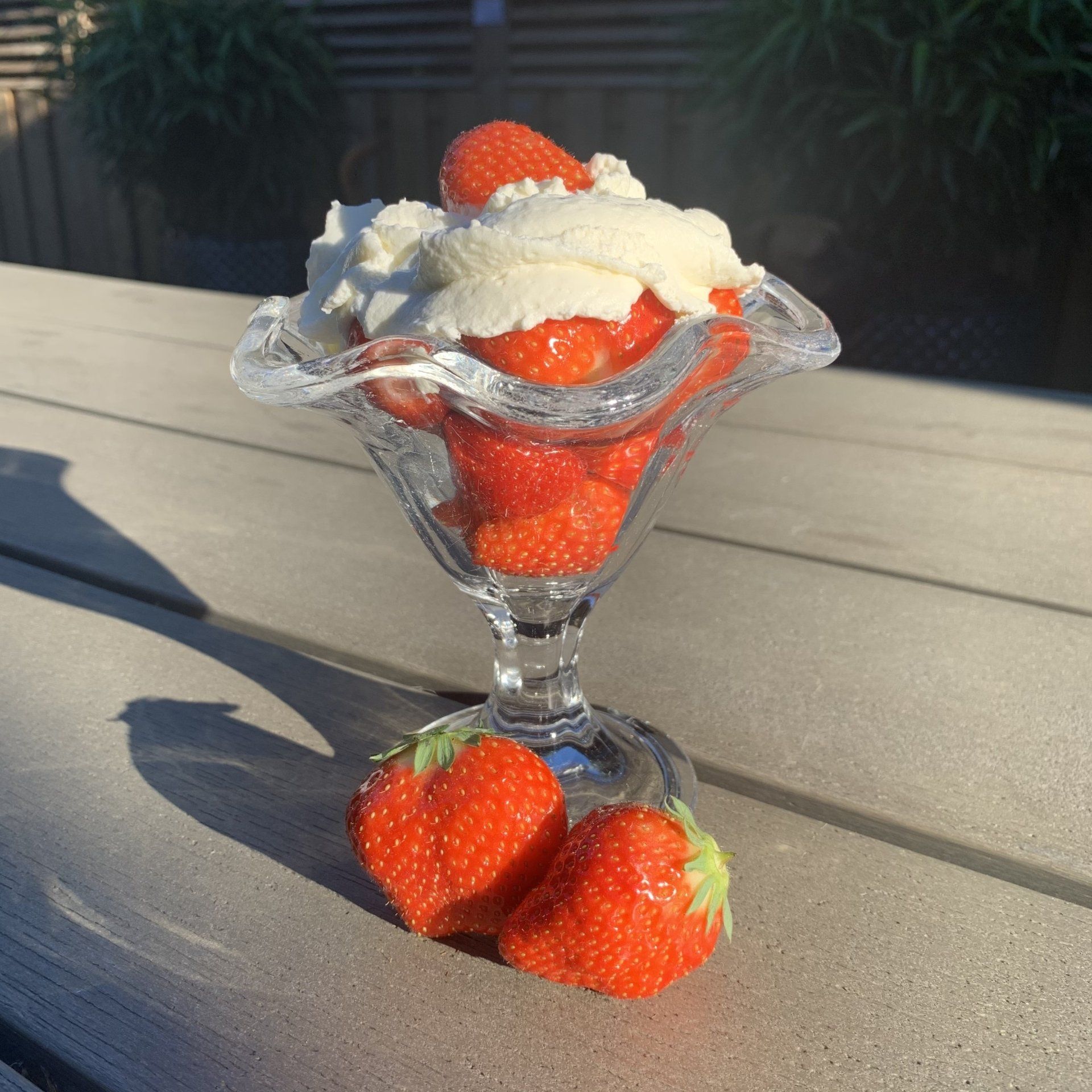 Aardbeien met slagroom in een glazen schaal, twee aardbeien ervoor, buiten.