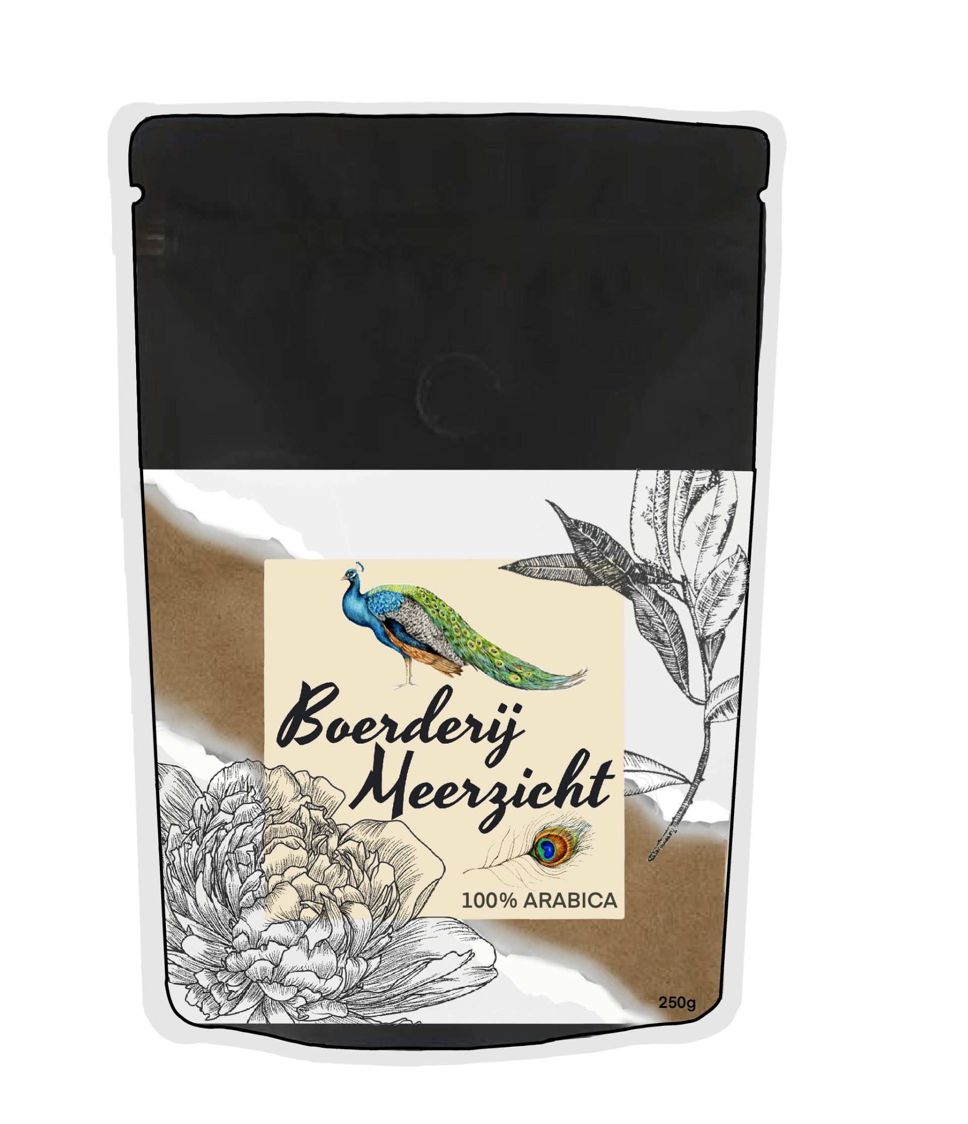 Coffee bag with peacock logo, text 
