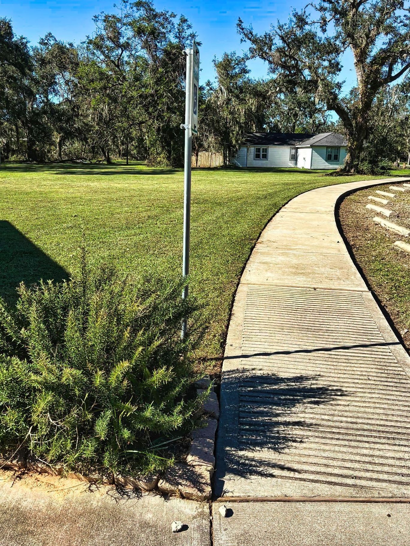 A curved sidewalk leads past a green bush and a metal pole towards a small white house on a lawn, sunny day.