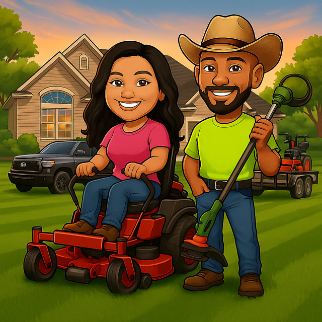 Cartoon of a smiling couple, woman on riding mower, man holding weed whacker, in front of a house with lawn and truck.