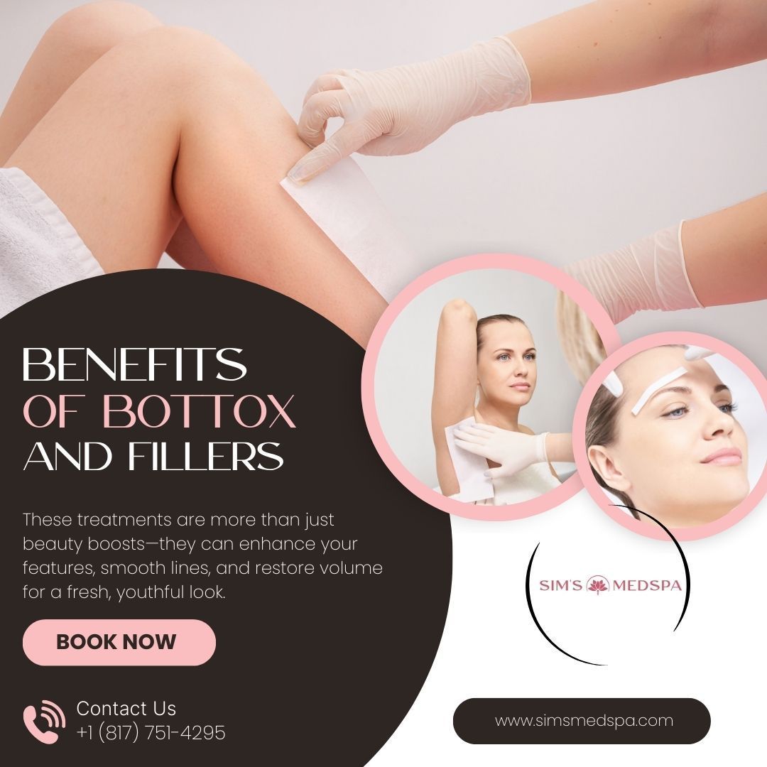 Advertisement for Botox and fillers. Woman receiving treatment; pink accents.