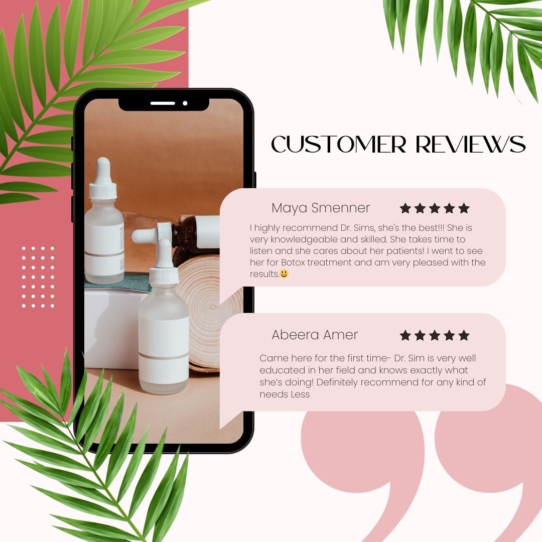 Smartphone with beauty products and customer reviews, with pink and green accents.