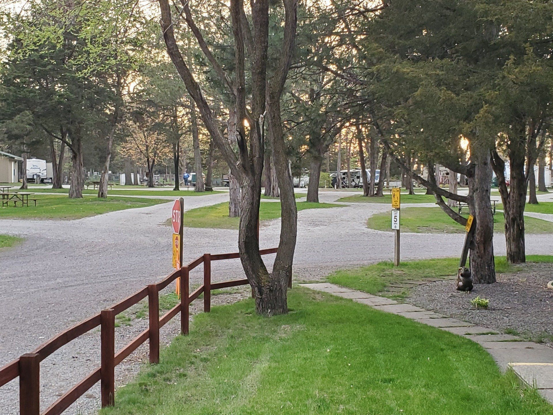 A wooden fence surrounds a park with lots of trees