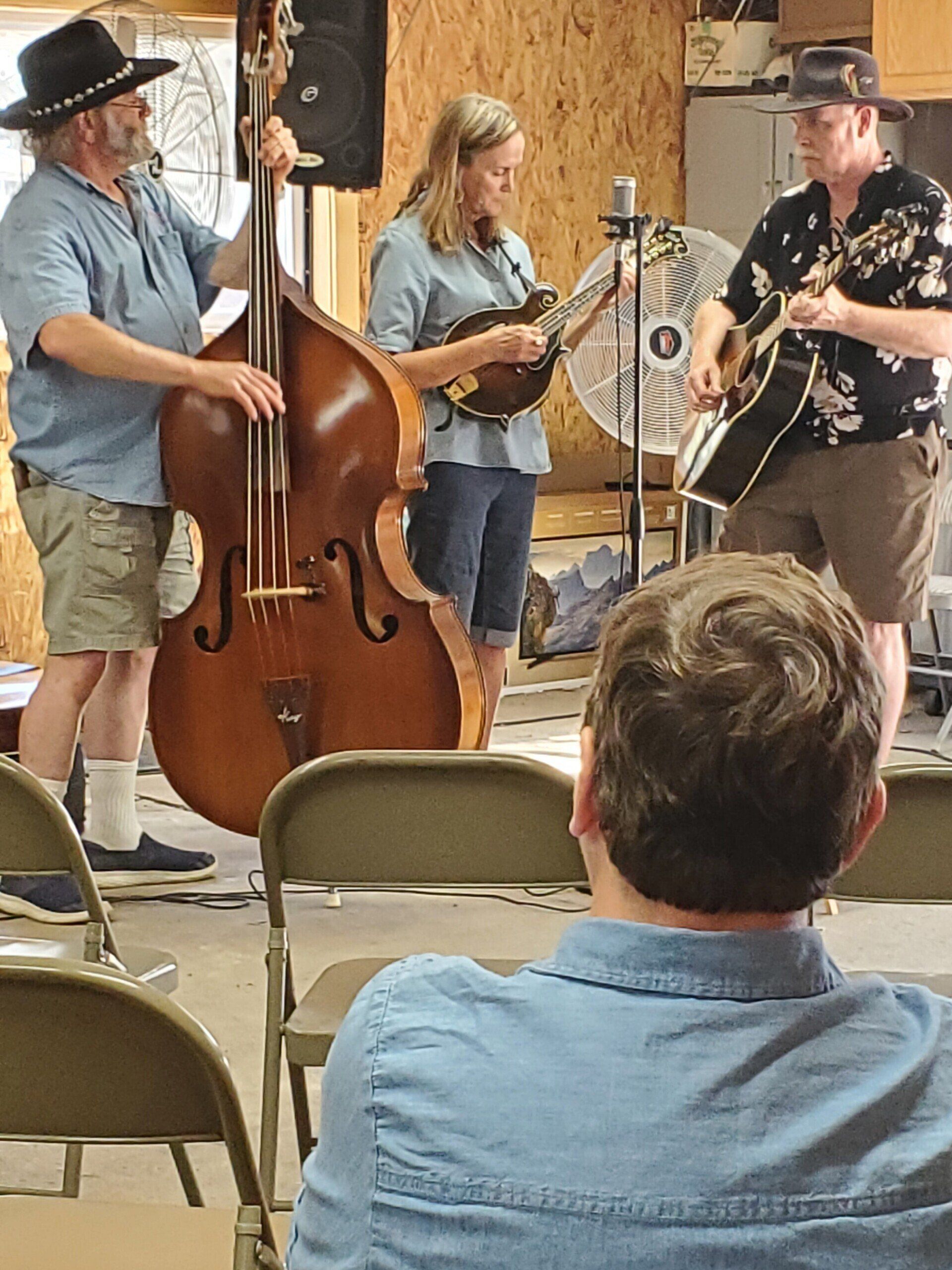 A group of people are playing instruments in a room.
