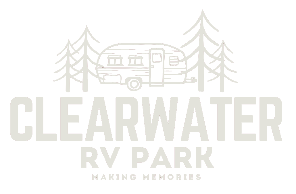 The logo for clearwater rv park shows a camper and trees.