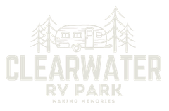 The logo for clearwater rv park shows a camper and trees.
