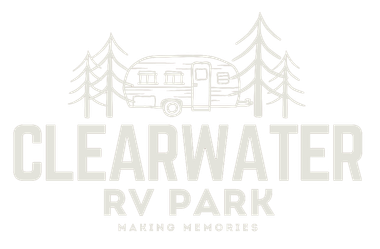 The logo for clearwater rv park shows a rv and trees.