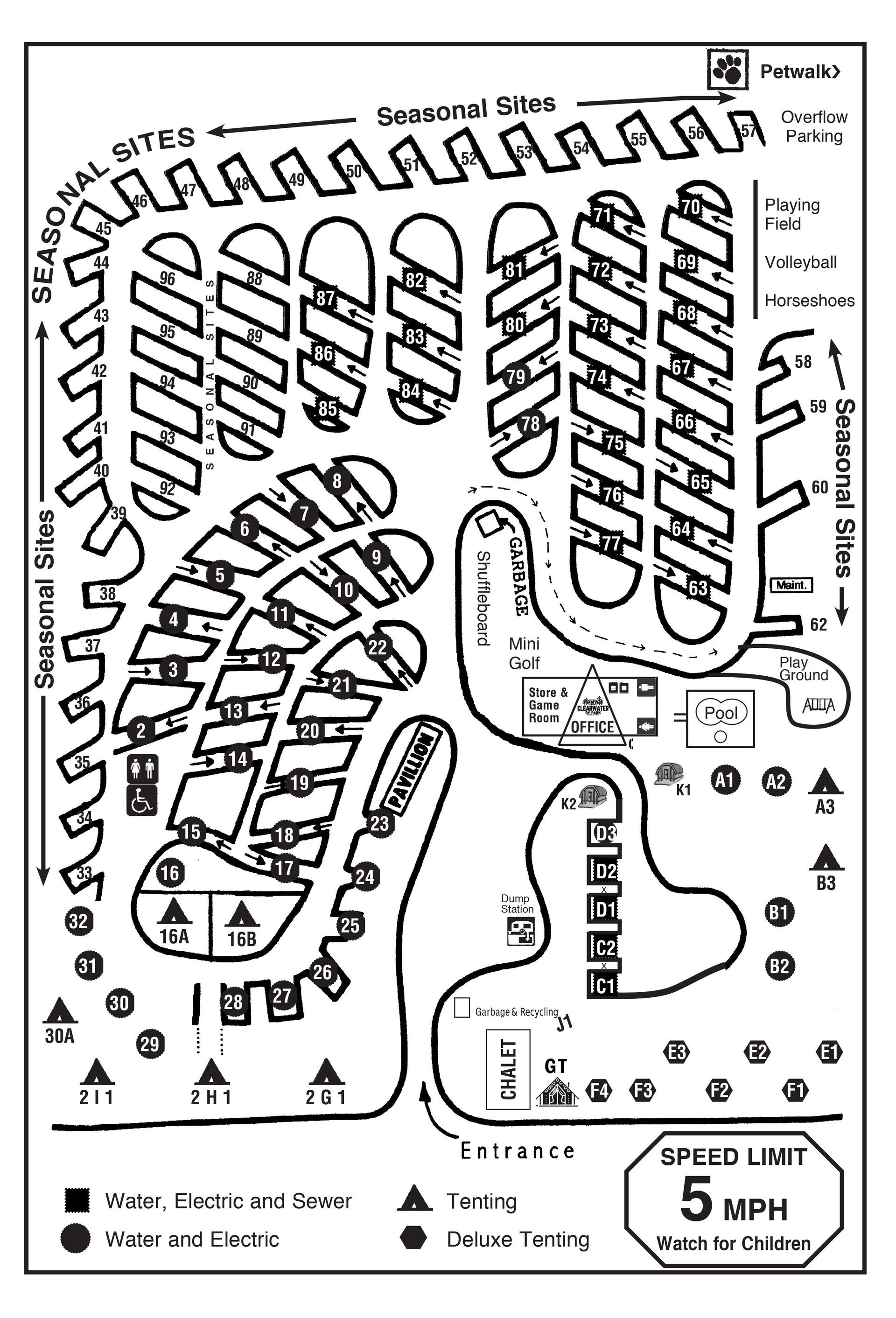 A black and white map of a campground with arrows pointing to different areas.