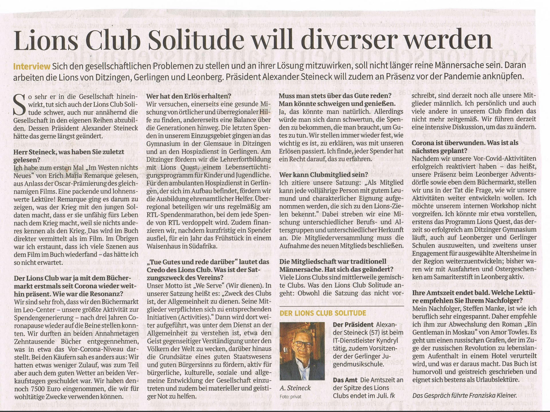 Ein Zeitungsartikel über Lions Club Solitude wird vielfältiger werden