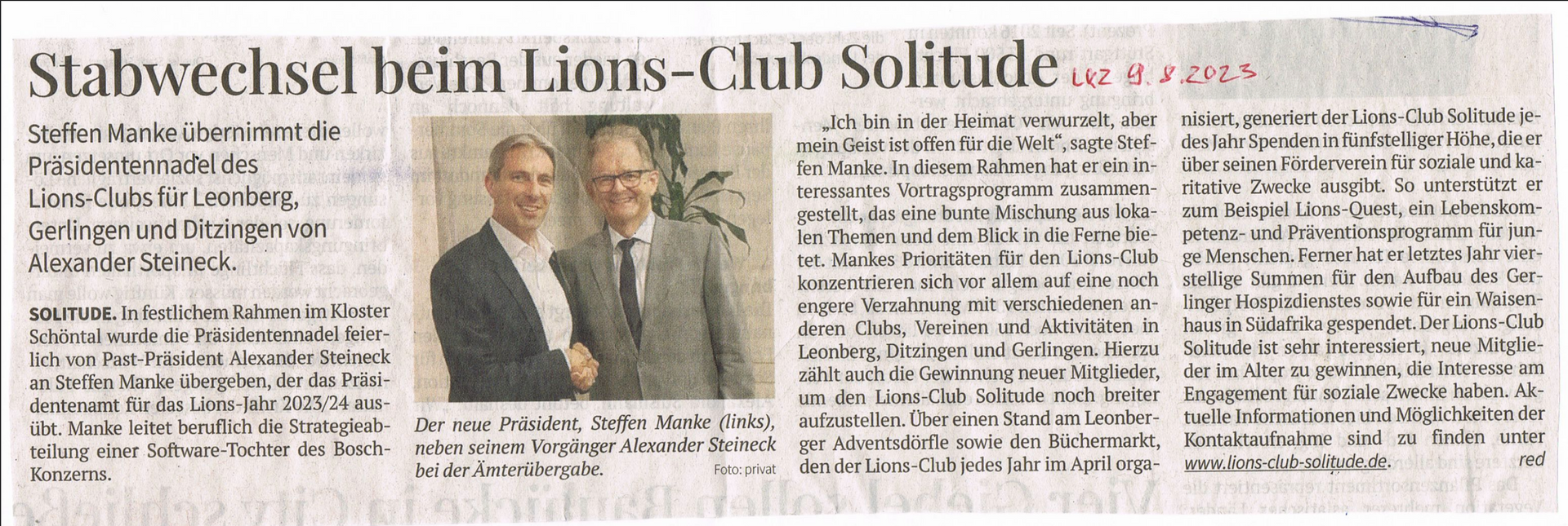 Zwei Männer stehen nebeneinander in einem Zeitungsartikel über Lions Club Solitude