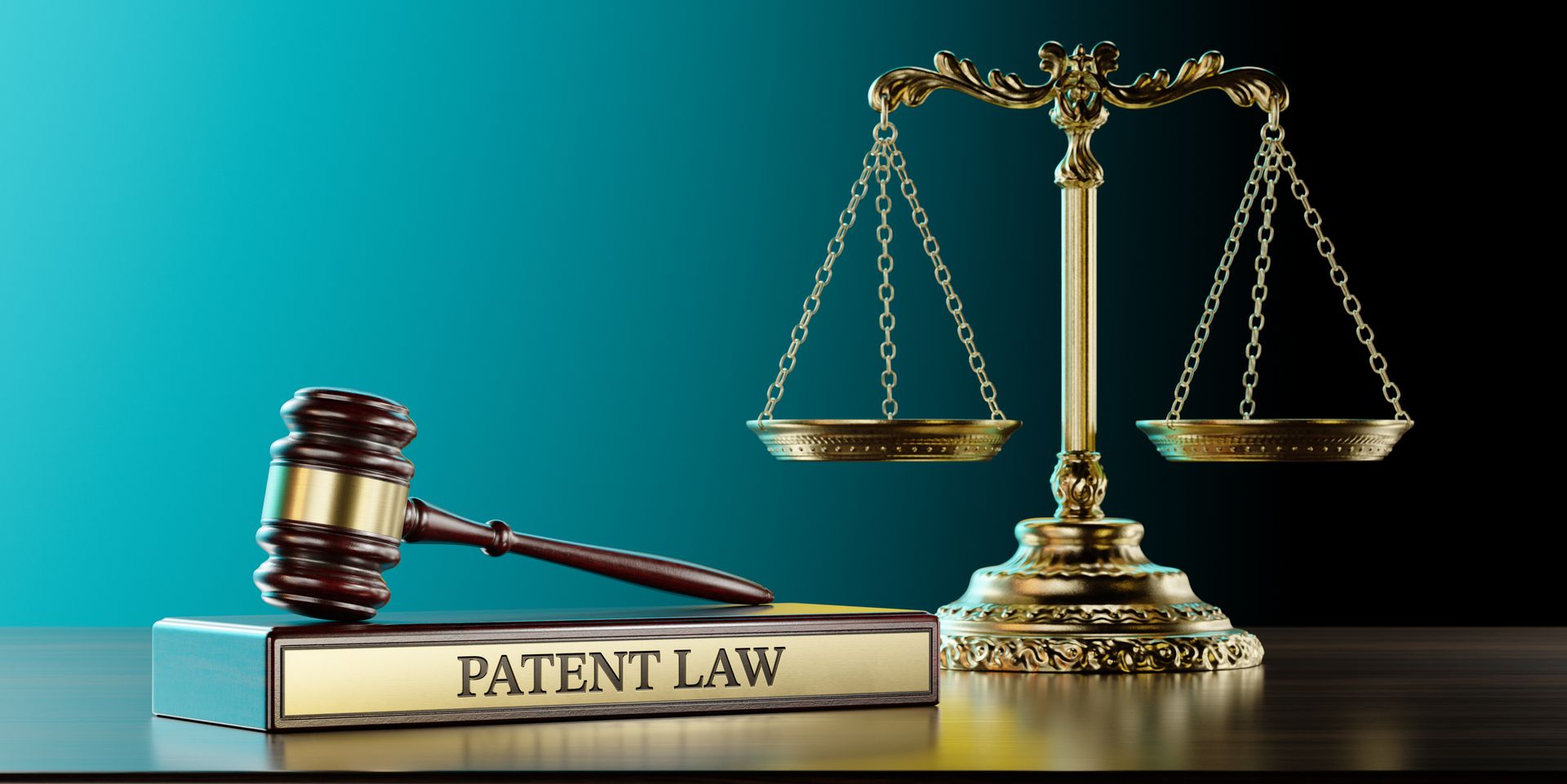 Wooden gavel on a Patent Law book beside a golden scale of justice.